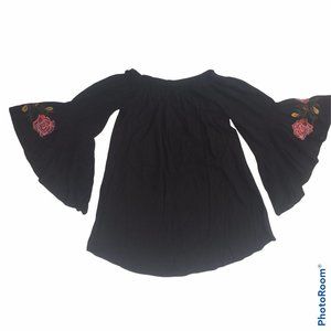 Bohemian FEATHERS  Mini Dress Size M Black -  Off The Shoulder Flower Embroidery